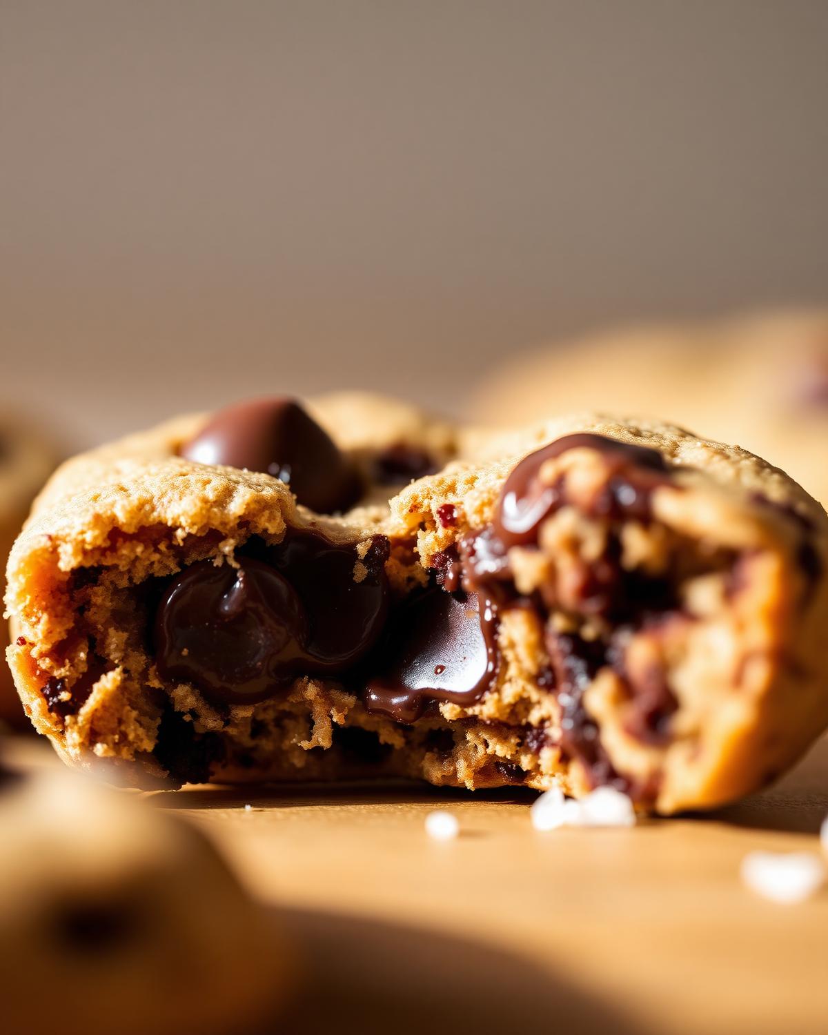 Warm chocolate chip cookie torn open