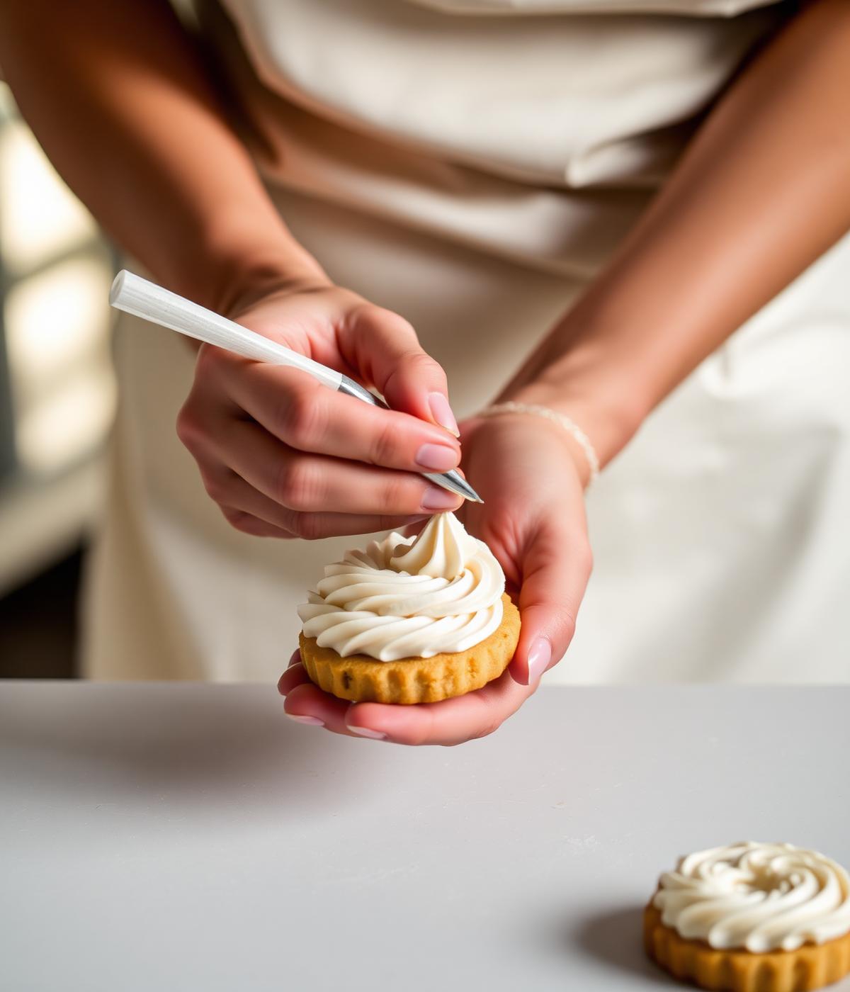 Hands piping frosting onto a cookie