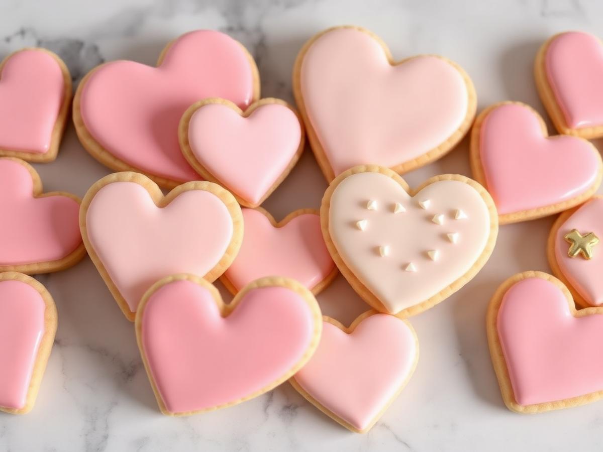 Pink heart sugar cookies on marble