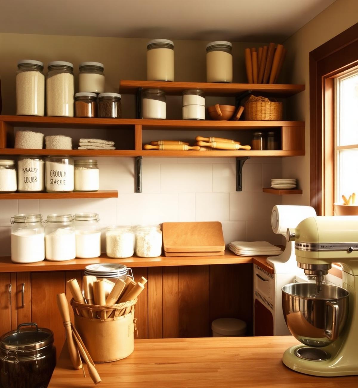 Warm bakery kitchen with wood shelves